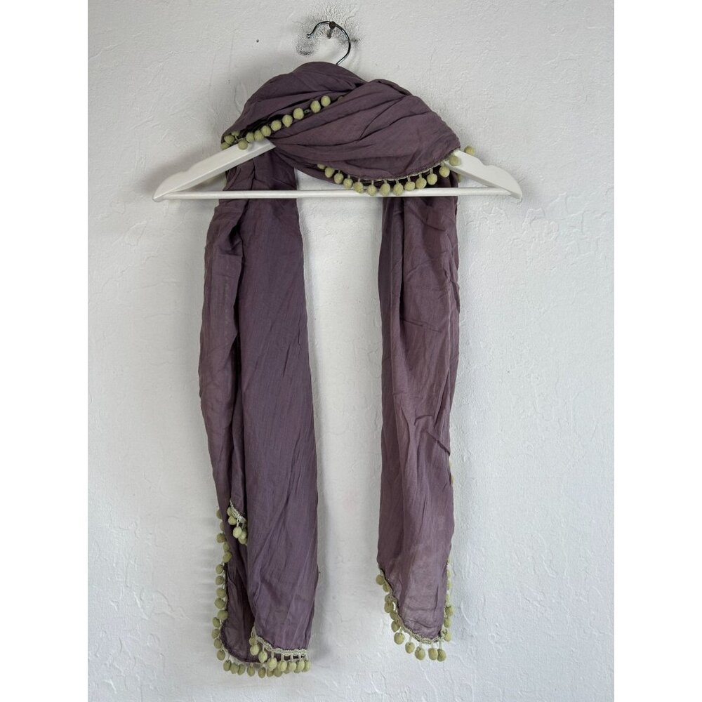 Womens Light Purple Scarf Wrap with Green Pom Pom Trim Lightweight 74x22 Boho